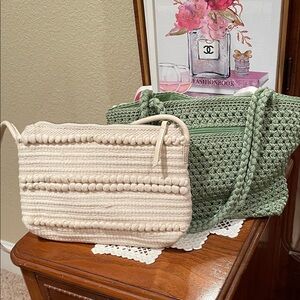 Woven Crochet Shoulder Bags in Cream and Sage Green